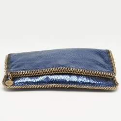Stella McCartney Metallic Blue Python Effect Faux Leather Falabella Fold Over Clutch