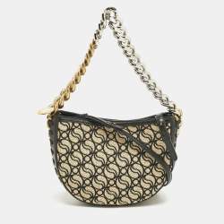 Pre Owned Stella McCartney Black/Cream Faux Leather and Raffia Medium S Wave Frayme Bag