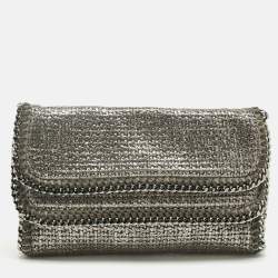 Pre Owned Stella McCartney Metallic Grey Woven Coated Fabric Falabella Fold Over Clutch