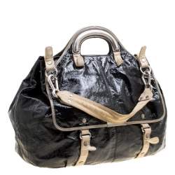 Pre Owned Stella McCartney Black Faux Patent Leather and Canvas Top Handle Bag