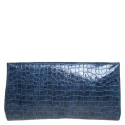 Pre Owned Stella McCartney Blue Faux Croc Leather Oversized Flap Clutch