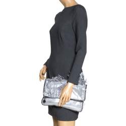 Pre Owned Stella McCartney Silver Faux Leather Falabella Fringed Fold Over Clutch