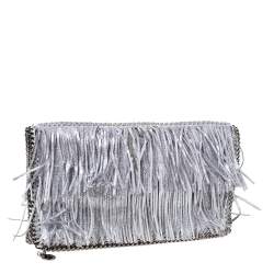 Pre Owned Stella McCartney Silver Faux Leather Falabella Fringed Fold Over Clutch