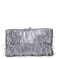 Pre Owned Stella McCartney Silver Faux Leather Falabella Fringed Fold Over Clutch