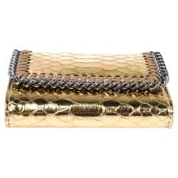Pre Owned Stella McCartney Gold Python Effect Faux Patent Leather Falabella Wallet