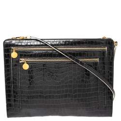 Pre Owned Stella McCartney Black Croc Embossed Faux Leather Clutch Bag