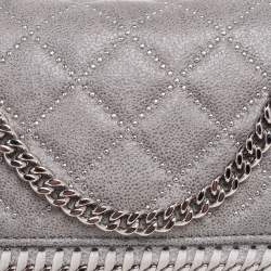 Pre Owned Stella McCartney Grey Quilted Faux Suede Studded Falabella Flap Shoulder Bag