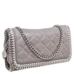 Pre Owned Stella McCartney Grey Quilted Faux Suede Studded Falabella Flap Shoulder Bag