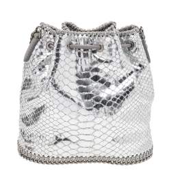 Pre Owned Stella McCartney Metallic Silver Faux Python Leather Falabella Bucket Bag