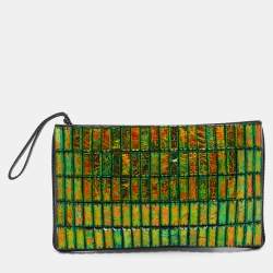 Stella McCartney Black Faux Lizard Embossed Leather Crystal Embellished Wristlet Clutch