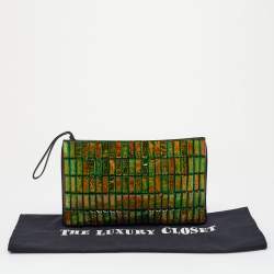 Stella McCartney Black Faux Lizard Embossed Leather Crystal Embellished Wristlet Clutch