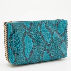 Stella McCartney Blue Faux Python Embossed Leather Side Chain Detail Clutch