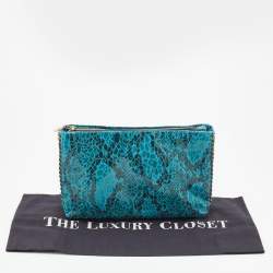 Stella McCartney Blue Faux Python Embossed Leather Side Chain Detail Clutch