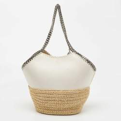  Stella McCartney White Faux Suede and Raffia Medium Falabella Tote