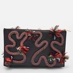 Pre Owned Stella McCartney Black Faux Leather Snake Rope Embellished Pouch Clutch