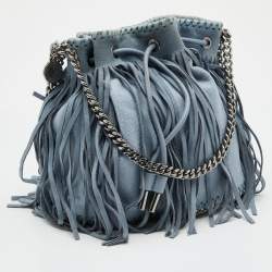 Stella McCartney Blue Faux Leather Falabella Fringe Drawstring Bucket Bag