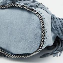 Stella McCartney Blue Faux Leather Falabella Fringe Drawstring Bucket Bag
