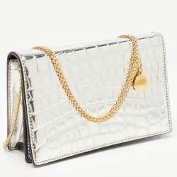 Stella McCartney Silver Embossed Crocodile Faux Leather Grace Chain Clutch