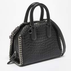 Pre Owned Stella McCartney Black Croc Embossed Faux Leather Falabella Box Top Handle Bag