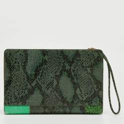 Pre Owned Stella McCartney Green Faux Python Embossed and Glitter Waverly Patchwork Clutch