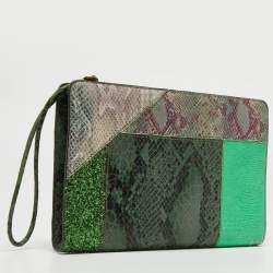 Pre Owned Stella McCartney Green Faux Python Embossed and Glitter Waverly Patchwork Clutch