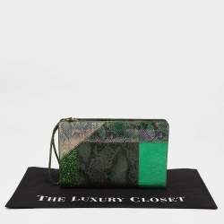 Pre Owned Stella McCartney Green Faux Python Embossed and Glitter Waverly Patchwork Clutch