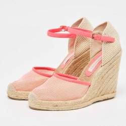 Stella McCartney Pink/Beige Mesh and Woven Canvas Wedge Espadrille Ankle Strap Sandals Size 38