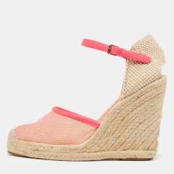 Stella McCartney Pink/Beige Mesh and Woven Canvas Wedge Espadrille Ankle Strap Sandals Size 38