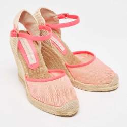 Stella McCartney Pink/Beige Mesh and Woven Canvas Wedge Espadrille Ankle Strap Sandals Size 38