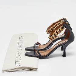 Pre Owned Stella McCartney Black Faux Leather Falabella T-Strap Sandals Size 38