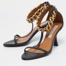 Pre Owned Stella McCartney Black Faux Leather Falabella T-Strap Sandals Size 38