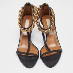 Pre Owned Stella McCartney Black Faux Leather Falabella T-Strap Sandals Size 38