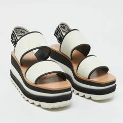 Pre Owned Stella McCartney White/Black Fabric Elyse Platform Wedge Sandals Size 37
