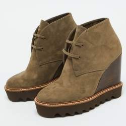 Stella McCartney Olive Green Faux Leather Leana Wedge Boots Size 39