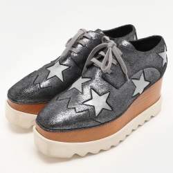 Pre Owned Stella McCartney Metallic Faux Leather and Satin Elyse Star Sneakers Size 38