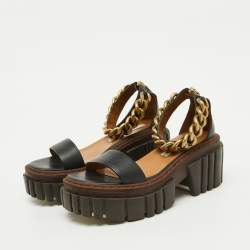 Pre Owned Stella McCartney Black Faux Leather Chain Falabella Platform Sandals Size 37
