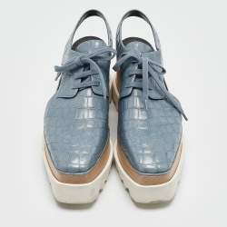 Pre Owned Stella McCartney Blue Croc Embossed Leather Elyse Cut Out Platform Derby Sneakers Size 37