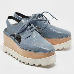 Pre Owned Stella McCartney Blue Croc Embossed Leather Elyse Cut Out Platform Derby Sneakers Size 37