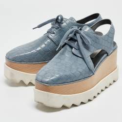 Pre Owned Stella McCartney Blue Croc Embossed Leather Elyse Cut Out Platform Derby Sneakers Size 37