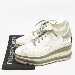 Stella McCartney White/Grey Faux Leather and Suede Elyse Star Studded Platform Sneakers Size 39