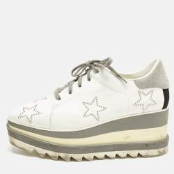 Stella McCartney White/Grey Faux Leather and Suede Elyse Star Studded Platform Sneakers Size 39