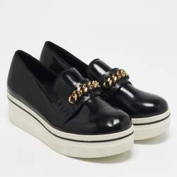 Stella McCartney Black Faux Leather Chain-Link Platform Slip On Sneakers Size 36