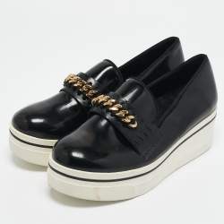 Stella McCartney Black Faux Leather Chain-Link Platform Slip On Sneakers Size 36