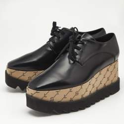 Stella McCartney Black Faux Leather Monogram Elyse Platform Derby Sneakers Size 39