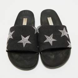 Pre Owned Stella McCartney Black Faux Suede Star Embellished Flat Slides Size 37