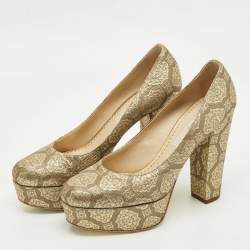 Pre Owned Stella McCartney Gold Brocade Fabric Block Heel Pumps Size 38.5