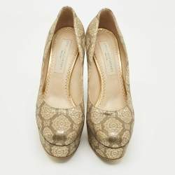 Pre Owned Stella McCartney Gold Brocade Fabric Block Heel Pumps Size 38.5