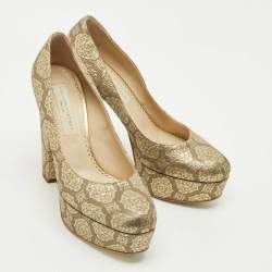 Pre Owned Stella McCartney Gold Brocade Fabric Block Heel Pumps Size 38.5