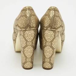 Pre Owned Stella McCartney Gold Brocade Fabric Block Heel Pumps Size 38.5