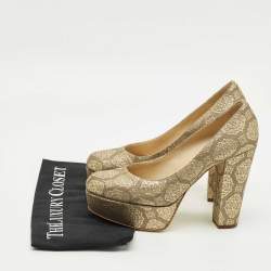 Pre Owned Stella McCartney Gold Brocade Fabric Block Heel Pumps Size 38.5